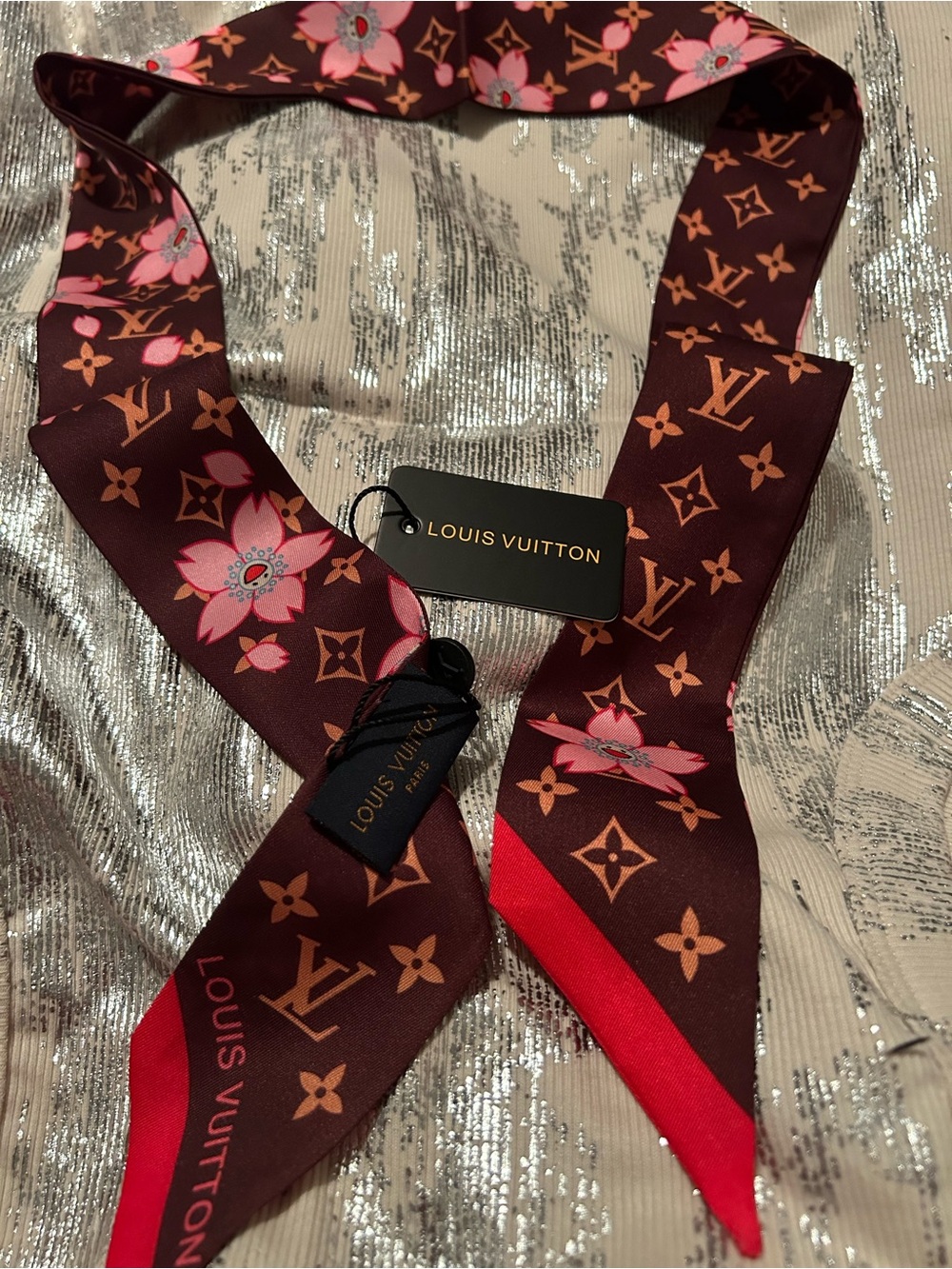 Louis Vuitton Women's Floral Monogram 100% Silk Scarf in Burgundy and Pink Stunn